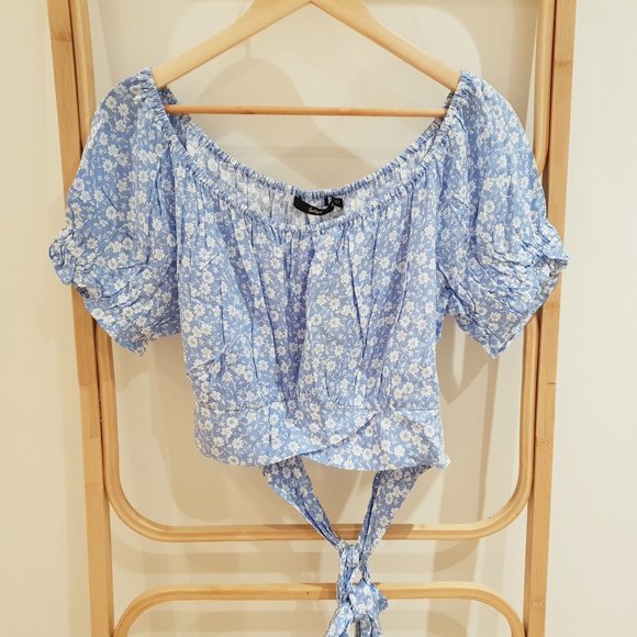 Size 16 SPORTSGIRL Blue White Print Top Short Sleeve Crop Elastic BNWT $49.95 - Picture 3 of 5